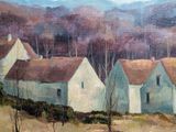 a painting of a village with a horse in the foreground
