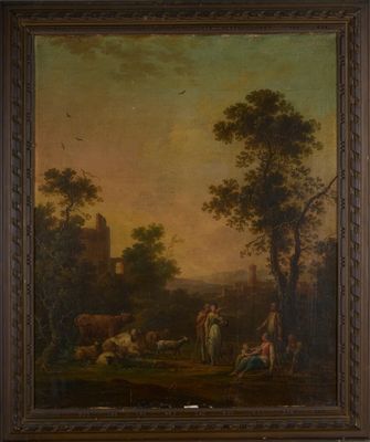 an oil painting of a landscape with cattle and people in the foreground