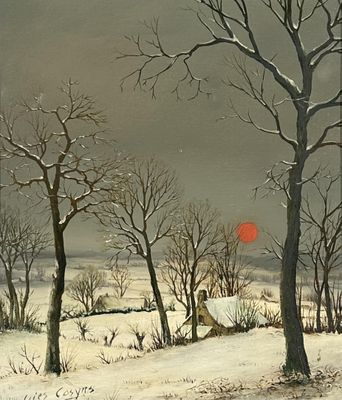 a painting of a person sitting in a snowy field
