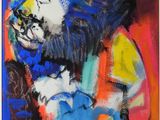 an abstract painting of a man with a beard and a blue shirt
