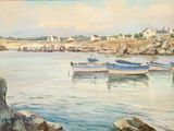 tableau représentant des bateaux sur l'eau près d'un rivage rocheux