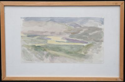 aquarelle représentant un paysage avec une rivière au loin