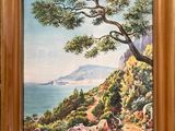 une peinture à l'huile représentant un arbre sur une falaise surplombant l'océan