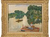an image of a painting of a man sitting on a boat on a lake