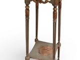 an old wooden table with a shelf on top of it