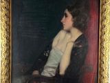 painting of a woman in a white dress sitting on a red chair