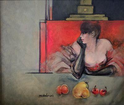un tableau représentant une femme assise sur un canapé, à côté de pommes et d'une lampe