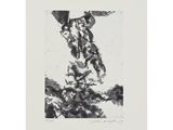 a black and white drawing of a man falling off a cliff