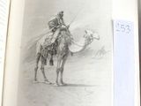 un dessin représentant un homme chevauchant un chameau dans le désert