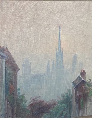 an oil painting of a street scene with a church in the background