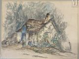 dessin représentant une maison avec une cheminée et un jardin devant