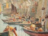 un tableau représentant un groupe de personnes dans des bateaux sur l'eau