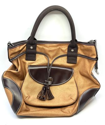 LANCEL. Sac à main en cuir marron et toile cuivrée, bijouter…
