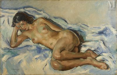an oil painting of a naked man laying on a bed