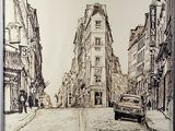 drawing of a car driving down a city street in a black and white picture