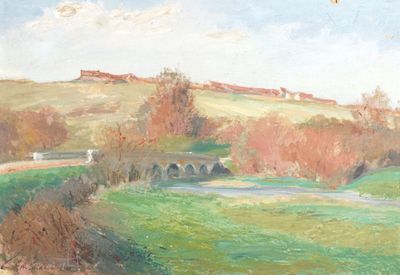 École française du 20ème siècle, "Paysage au pont", huile su…