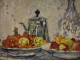 two bowls of fruit on a table next to a vase