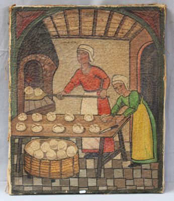 an image of a painting of a woman making bread in a kitchen