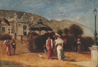 peinture d'un groupe de personnes devant un bâtiment