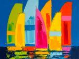 an image of a painting of colorful sailboats floating on the water