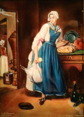 tableau représentant une femme en robe bleue debout devant un plan de travail de cuisine