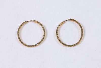 two small gold hoop earrings on a white surface