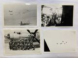 four black and white photos of a group of people in front of a plane