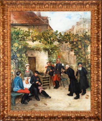 painting of a group of people sitting on a bench in a courtyard