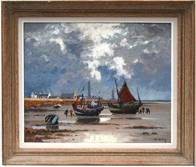 a painting of boats on the beach with a sky in the background