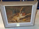 painting of a cat laying on its back on a table