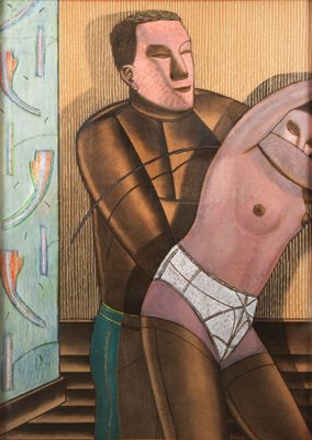 painting of a man in underwear holding a naked man in front of a refrigerator