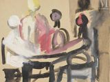 un tableau représentant des personnes assises à une table dans une pièce