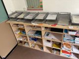 many trays on the shelf in the room