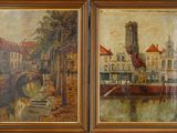 deux tableaux représentant une ville avec un pont et un bâtiment