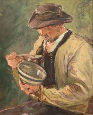 tableau représentant un homme coiffé d'un chapeau et tenant un bol de soupe