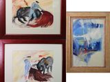 deux tableaux encadrés représentant un homme chevauchant un taureau et une femme à cheval