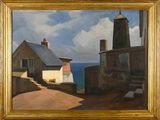 une peinture à l'huile représentant un phare et un bâtiment sur une plage