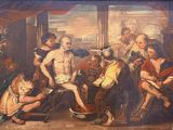 painting of a group of people in a room with a painting of a man on the floor