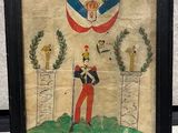 tableau représentant un soldat en uniforme tenant une épée devant un drapeau