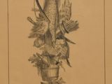 an old drawing of a fish hanging from a tree branch