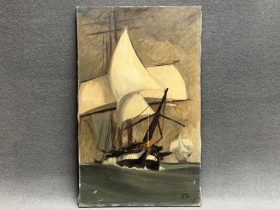 Marine XX°: Frégate. huile sur toile, signée en bas à droite…