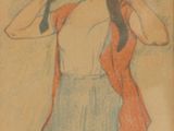 drawing of a woman in a red jacket and blue skirt holding a cat