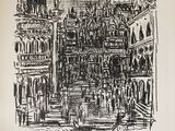 a black and white drawing of a large building with a clock tower