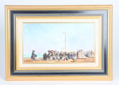 painting of a group of people sitting on a beach with umbrellas