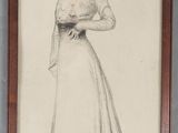 dessin représentant une femme en robe longue, dans un cadre en bois