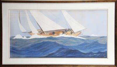 tableau représentant un voilier sur une mer agitée, dans un cadre en bois