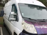 purple and white van parked in a parking lot next to trees