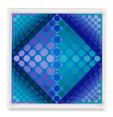 a blue and purple abstract painting with circles on a white background