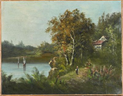 tableau représentant une scène fluviale avec un bateau au premier plan et une maison à l'arrière-plan