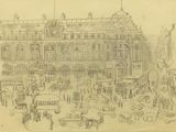 esquisses d'un dessin représentant un grand bâtiment doté d'une tour horloge